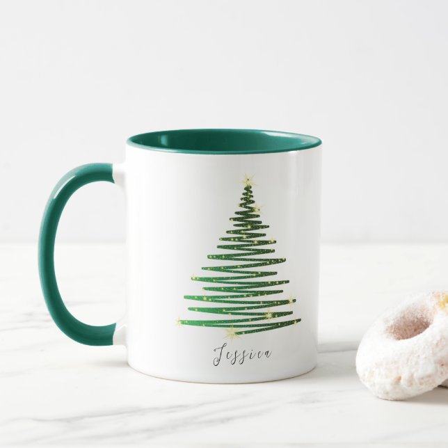 Winter Glitter Green Tree Personalised Christmas Mug (With Donut)