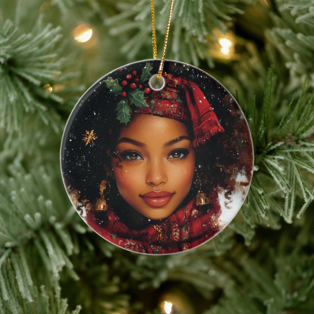 Winter Glow Afrocentric Queen – Holiday Art Ceramic Tree Decoration (Tree)