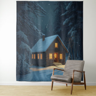 “Winter Glow – Cozy Cabin in the Snow Poster Tapestry