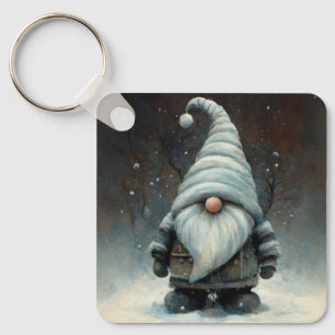 Winter Gnome in a Snowy Forest Key Ring