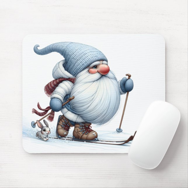 Winter Gnome Skiing With a Bunny Mouse Mat (With Mouse)