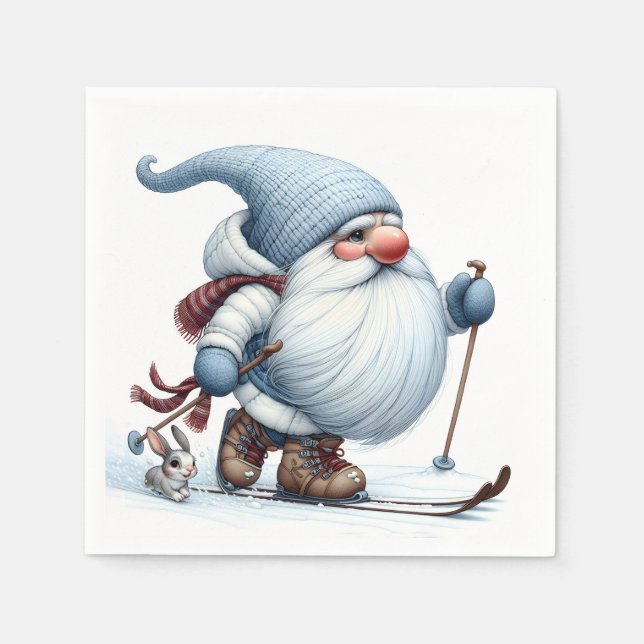 Winter Gnome Skiing With a Bunny Napkin (Front)