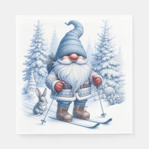 Winter Gnome Skiing With a Bunny Napkin