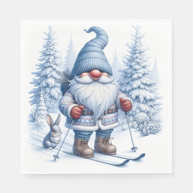 Winter Gnome Skiing With a Bunny Napkin (Front)
