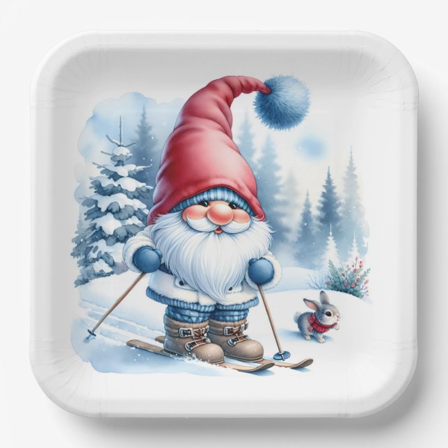 Winter Gnome Skiing With a Bunny Paper Plate (Front)