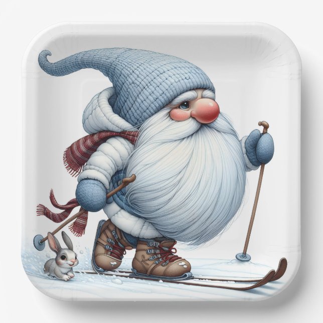 Winter Gnome Skiing With a Bunny Paper Plate (Front)