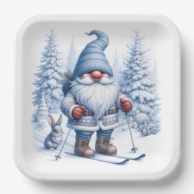 Winter Gnome Skiing With a Bunny Paper Plate (Front)