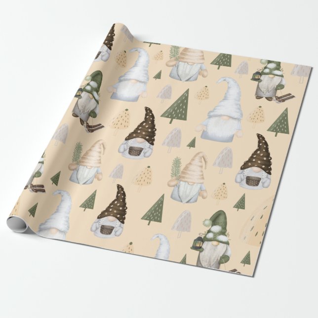 Winter Gnomes Forest Beige Wrapping Paper (Unrolled)