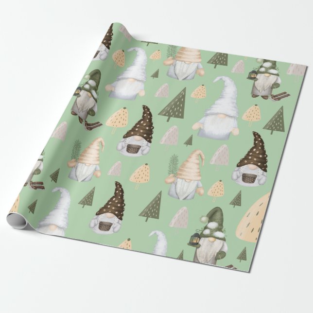 Winter Gnomes Green Wrapping Paper (Unrolled)