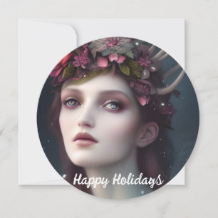 Winter Goddess Fantasy Floral Round Holiday Card