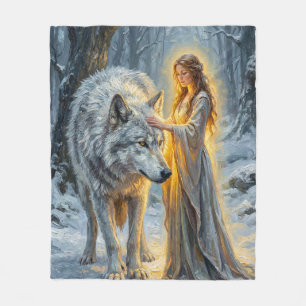 Winter Goddess & White Wolf Fleece Blanket