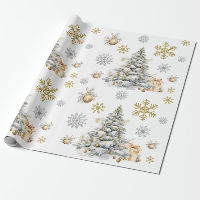Winter Gold and Silver Pine Tree Wrapping Paper (Unrolled)
