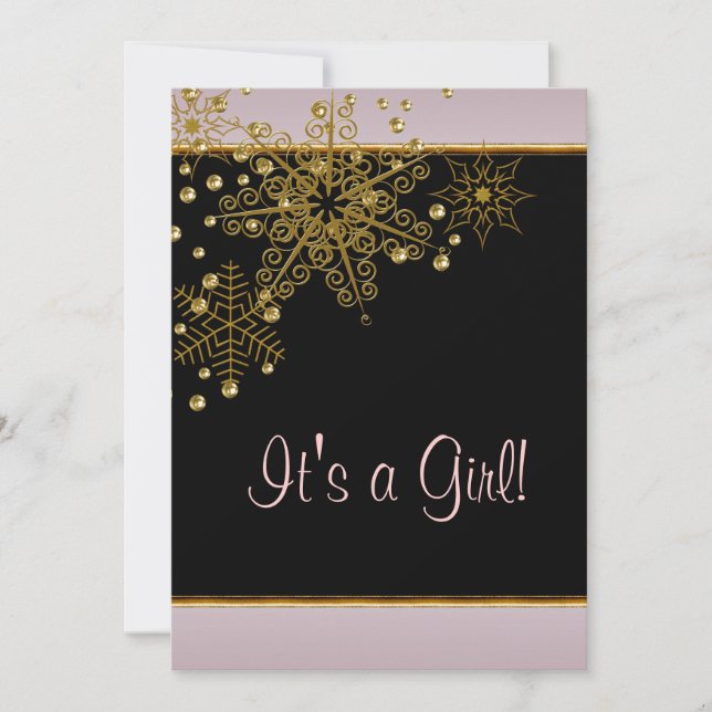 Winter Gold Black Pink Snowflakes Baby Girl Shower Invitation (Front)