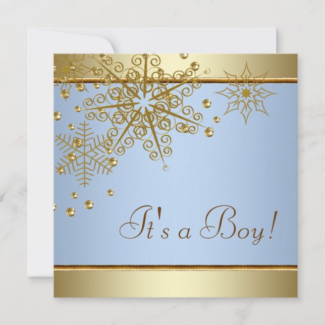Winter Gold Blue Snowflakes Baby Boy Shower Invitation (Front)