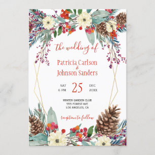 Winter gold frame floral wreath Christmas wedding Invitation