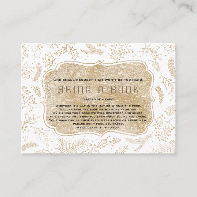 Winter Gold Frame Photo Baby Shower Bring A Book Enclosure Card (Front)