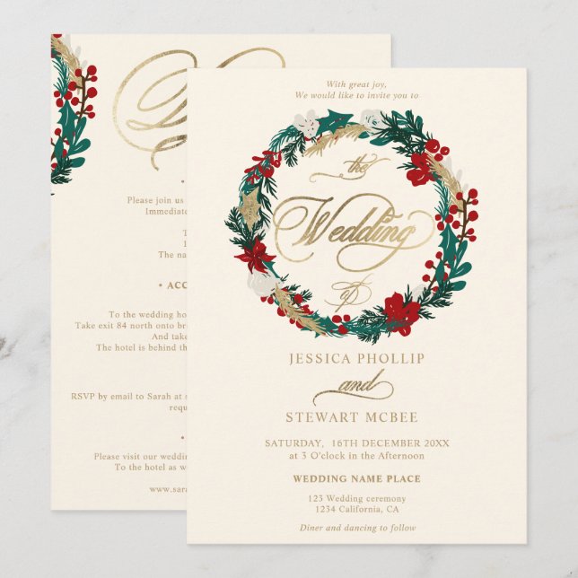 Winter gold ivory all in one calligraphy wedding invitation (Front/Back)