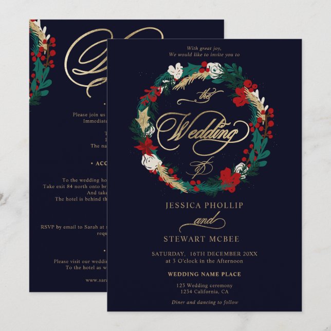 Winter gold navy all in one calligraphy wedding invitation (Front/Back)