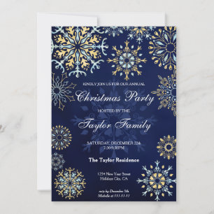 Winter Gold Navy Watercolor Snow Christmas Party I Invitation