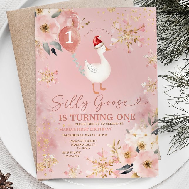 Winter Gold Pink Floral Silly Goose 1st Birthday Invitation (Creator Uploaded)
