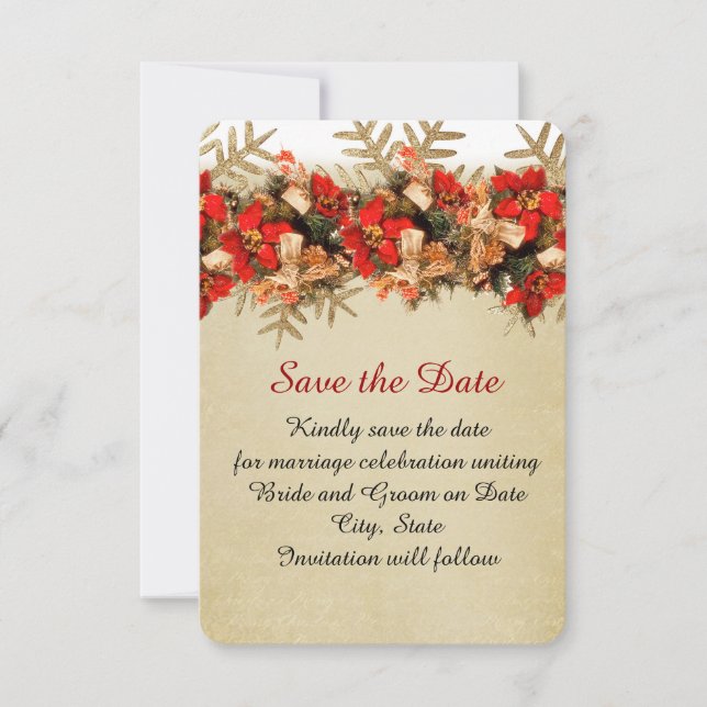 Winter Gold/Red Ornaments Save the date (Front)