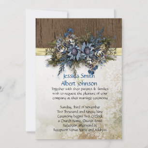 Winter Gold Ribbon Blue Floral Wedding Invite