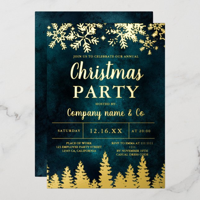 Winter gold snow pine green corporate Christmas Foil Holiday Card (Front/Back)