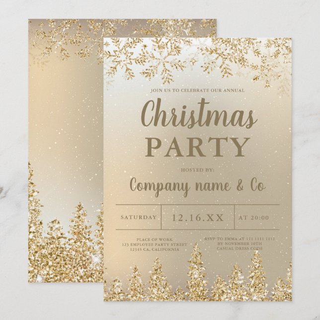 Winter gold snow pine metallic corporate Christmas Invitation (Front/Back)