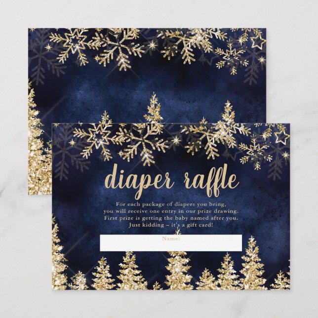 Winter gold snow pine navy diaper raffle baby enclosure card (Front/Back)