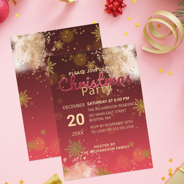 Winter Gold Snowflakes on Burgundy Christmas Party Invitation (Creator Uploaded)