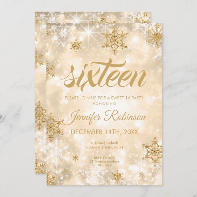Winter Gold Sweet 16 Glitter Sparkle Invitation (Front/Back)