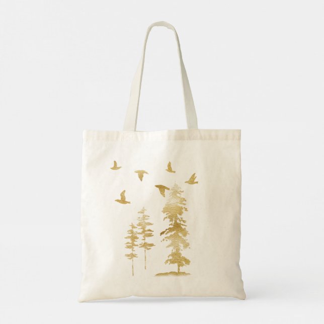 Winter Gold Trees and Birds Tote Bag (Back)