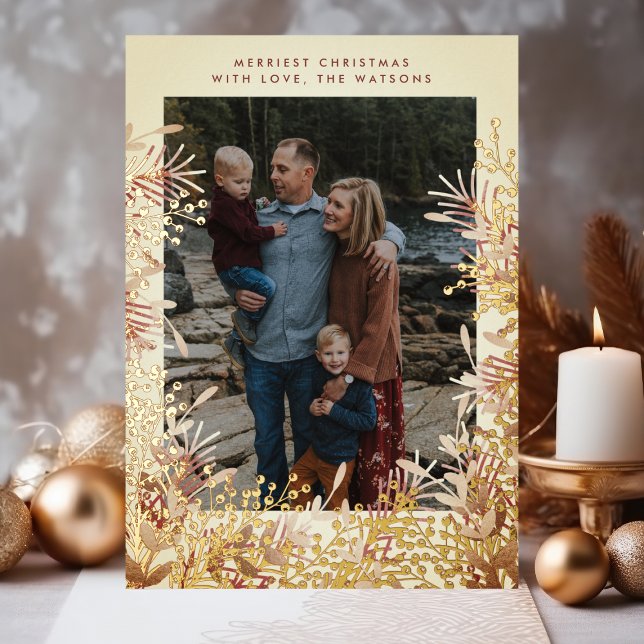 Winter Gold Watercolor Christmas Berries Photo Foil Holiday Card (Creator Uploaded)