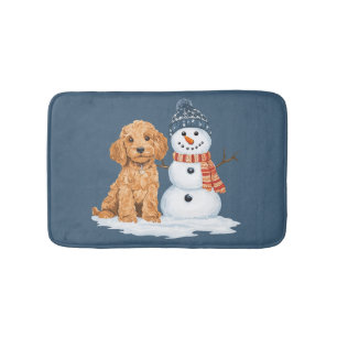 Winter Goldendoodle Dog Cute Snowman Bath Mat