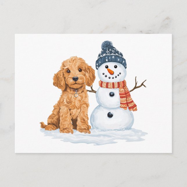 Winter Goldendoodle Dog Cute Snowman Postcard (Front)