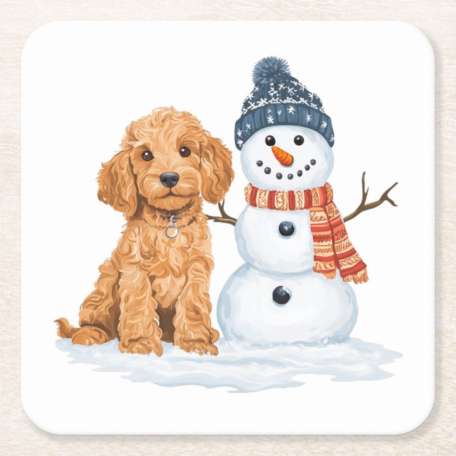 Winter Goldendoodle Dog Cute Snowman Square Paper Coaster (Front)