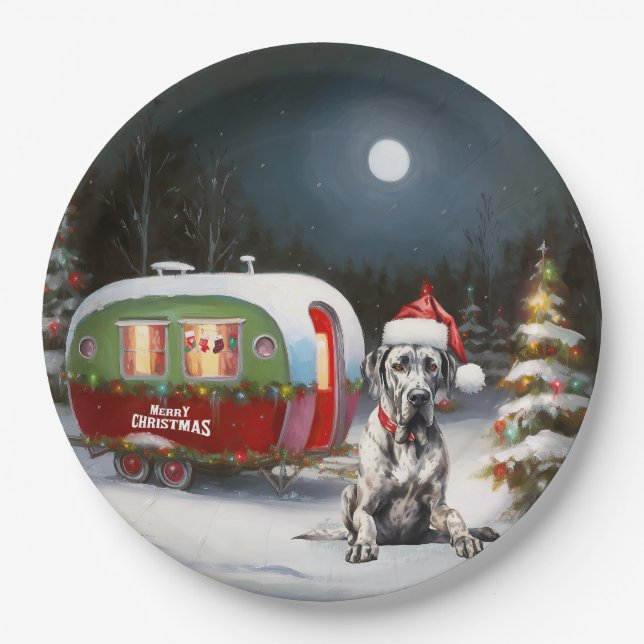 Winter Great Dane Caravan Christmas Adventure Paper Plate (Front)