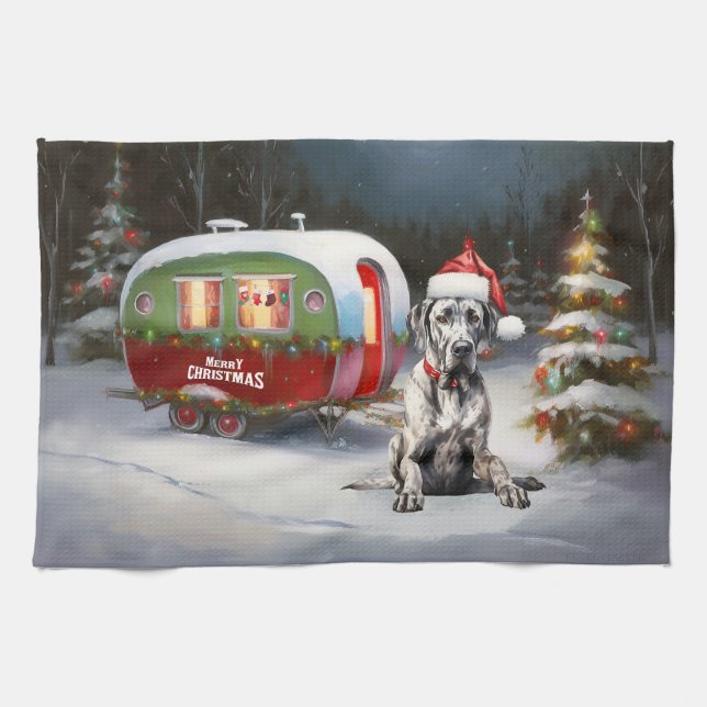 Winter Great Dane Caravan Christmas Adventure Tea Towel (Horizontal)