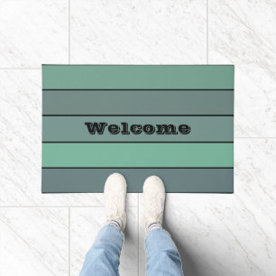Winter Green And Gray Stripes On Watercolor Paper Doormat