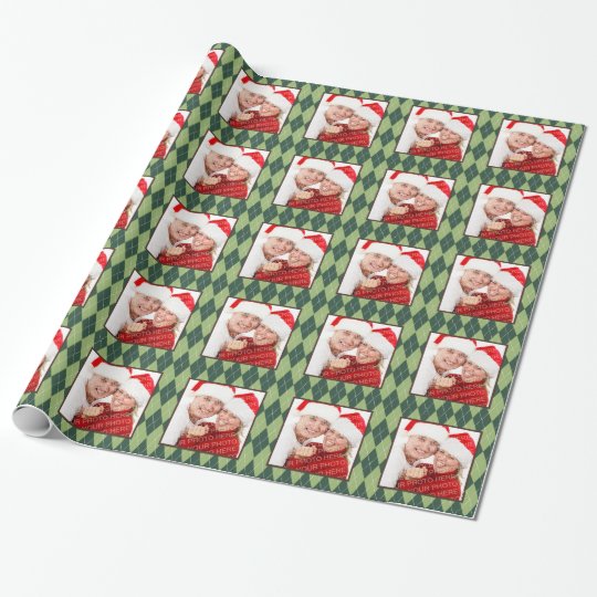 Winter green argyle pattern custom photo holiday wrapping paper