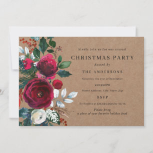 Winter Green Burgundy Foliage Christmas Party Invitation