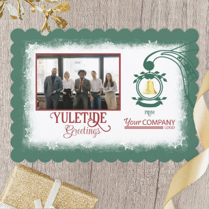 Winter Green, Burgundy Red Script Gold Bell Holiday Card