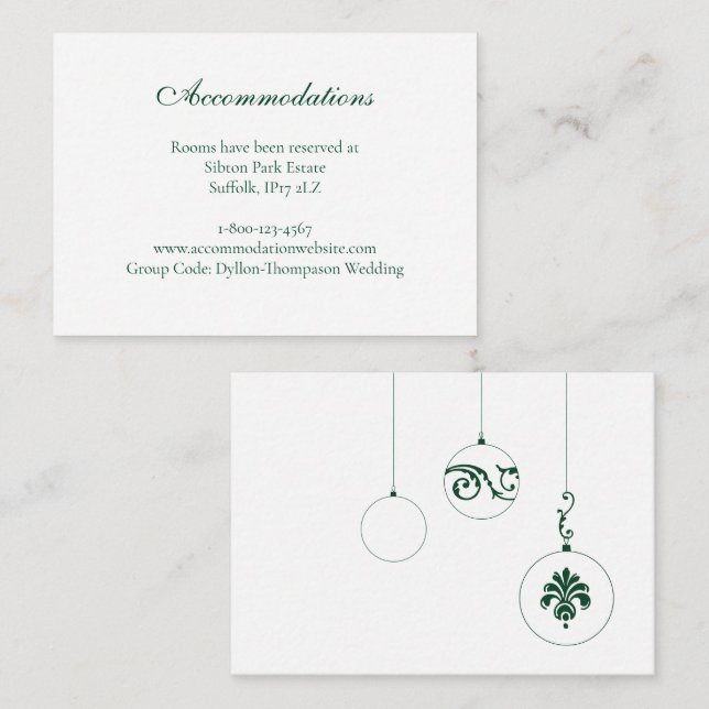 Winter Green Christmas Bauble Accommodation Enclosure Card (Front/Back)