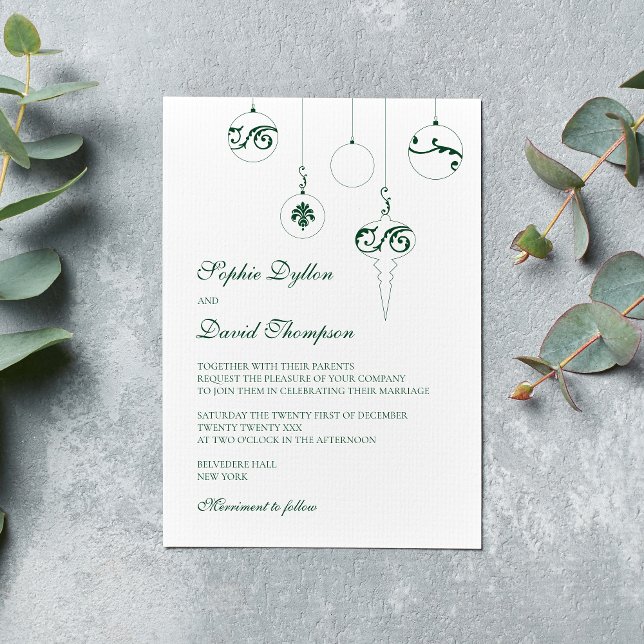 Winter Green Christmas Bauble Ornaments Wedding Invitation (Winter Wedding Christmas Baubles Wedding Invitation - Pine Green)