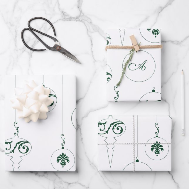 Winter Green Christmas Monogram Bauble Ornaments Wrapping Paper Sheet (Front)