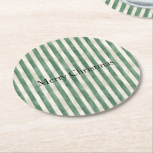 Winter Green Cream Stripes Christmas Round Paper Coaster