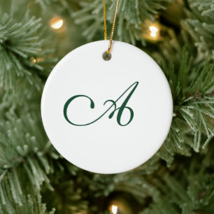 Winter Green Elegant Script Monogram Christmas Ceramic Tree Decoration