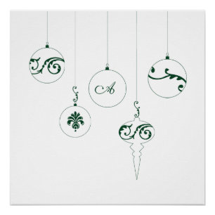 Winter Green Monogram Bauble Christmas Ornaments Poster