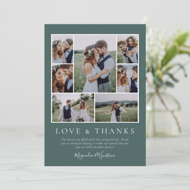 Winter Green Photo Collage Love and Thanks Wedding Thank You Card (Standing Front)