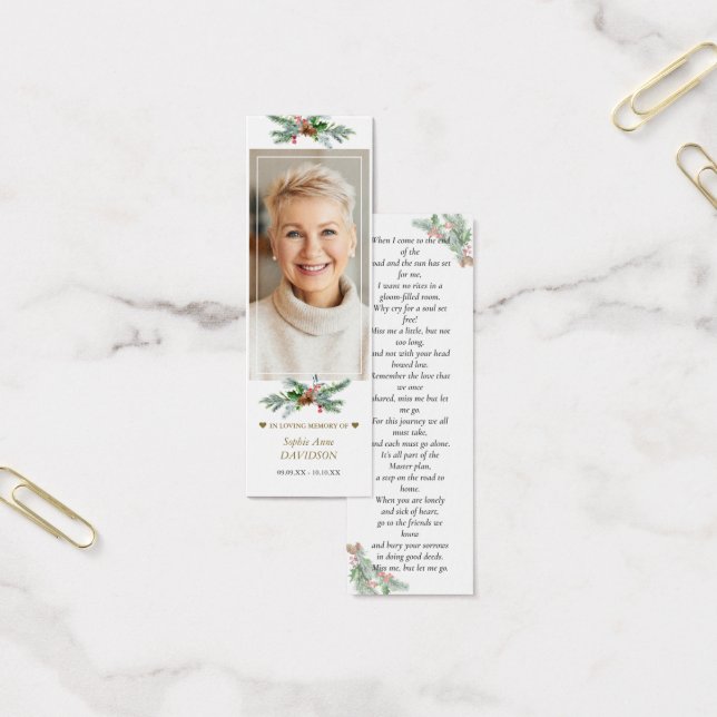 Winter Green Photo Memorial Funeral Poem Bookmark (Office)